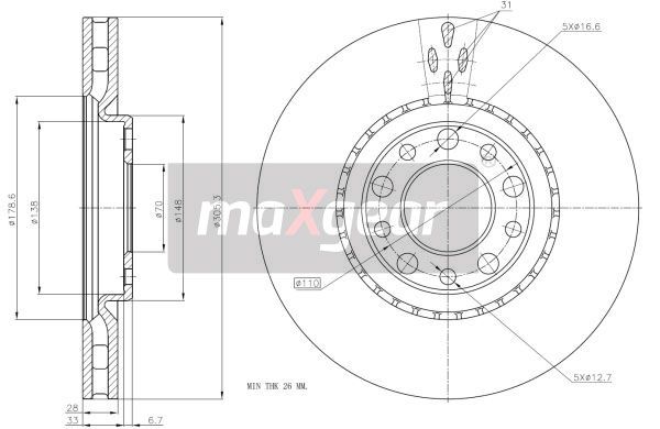 TARCZA HAMULCOWA PRZÓD ALFA ROMEO 159 05- 1,8-2,2 wentylowana MaXgear 19-1325