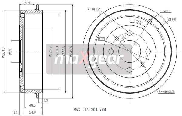 BĘBEN HAMULCOWY FIAT BRAVO BRAVA MAREA 203X48 MaXgear 19-1029