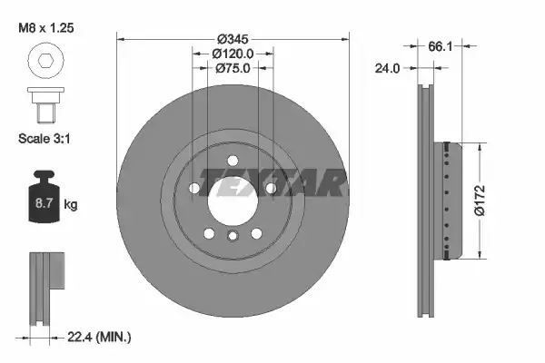 Tarcza hamulcowa tył BMW 1 2 3 4 10- 345x24 WYSOKO NAWĘGLANA Textar 92265125