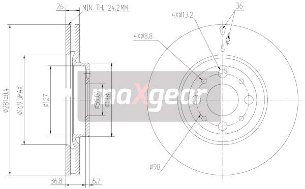 TARCZA HAMULCOWA PRZÓD FIAT STILO BRAVO 1,9 2,4 MaXgear 19-2014