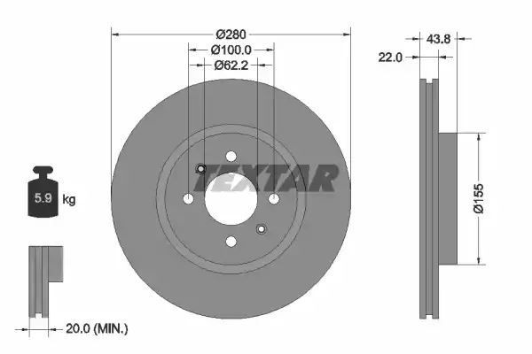 Tarcza hamulcowa przód Hyundai I20 1,0-1,4 14- 280x22 Textar 92288303