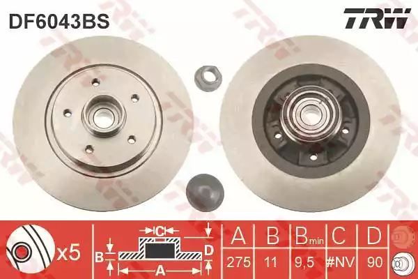Tarcza hamulcowa tył Renault KANGOO 1,2-1,6 16V 08- 275X11 5 OTWORÓW z łożyskiem ABS TRW DF6043BS