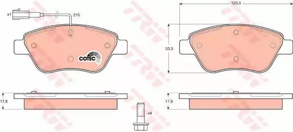Klocki hamulcowe przód Fiat 500 BRAVO STILO 1,4-1,6 16V 01- z czujnikiem 123x53,3x17,8 TRW GDB1482