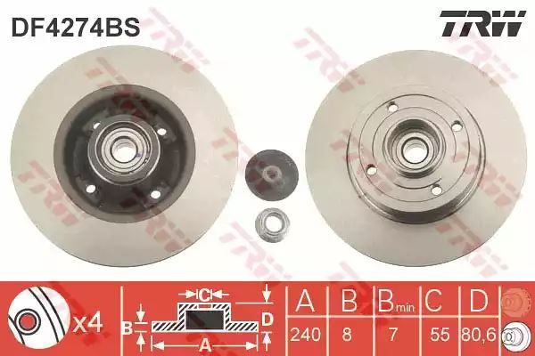 Tarcza hamulcowa tył Renault CLIO MEGANE MODUS 1,2-2,0 16V 02- 240X8 z łożyskiem ABS TRW DF4274BS