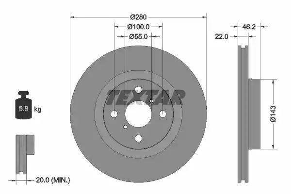 Tarcza hamulcowa przód Toyota YARIS 1,5 HYBRID 12- 280x22 Textar 92287603