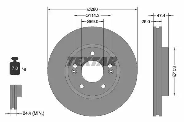 Tarcza hamulcowa przód Hyundai SONATA 2,0-2,4 05- 280x26 Textar 92271403