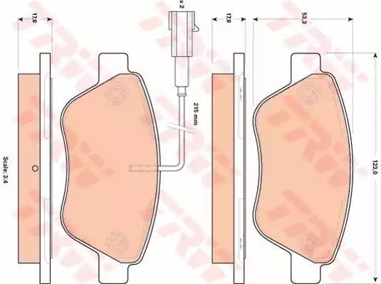 Klocki hamulcowe przód Fiat PUNTO EVO 1,2-1,4 09- z czujnikiem 123x53,3x17,8 TRW GDB1842