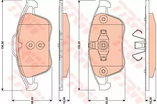 Klocki hamulcowe przód Renault LAGUNA MEGANE 07- 156,5x68,5x18 155,2x63,2x18 TRW GDB1808