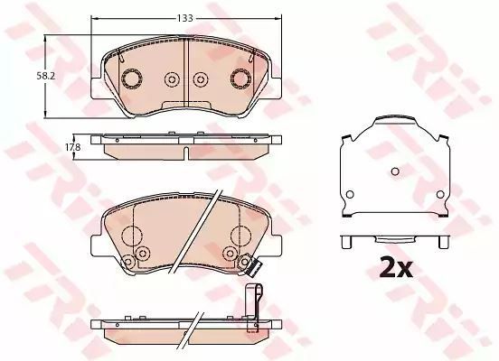 Klocki hamulcowe przód Hyundai I20 1,1-1,4 CRDI 14- MANDO 2 CZUJNIKI 133x58,2x17,8 TRW GDB3630