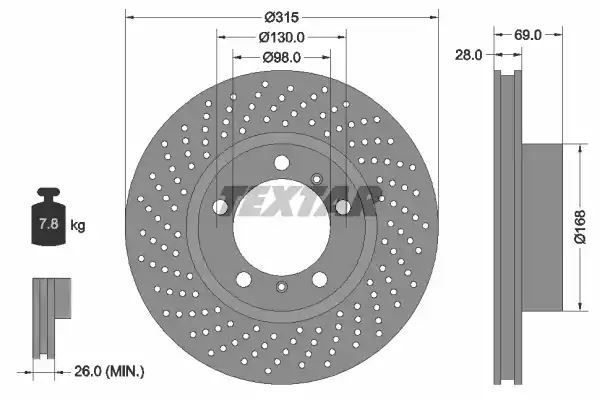 Tarcza hamulcowa przód Porsche BOXSTER CAYMAN 2,7 12- LE 315X28 WYSOKO NAWĘGLANA Textar 92279905