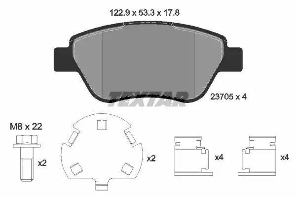 Klocki hamulcowe przód Fiat DOBLO 1,2-1,6 1,3-1,9D 01- bez czujnika BOSCH DLA TARCZY HAMULCOWEJ 257 MM Textar 2370507