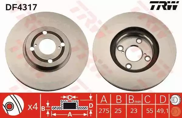 Tarcza hamulcowa przód Toyota COROLLA 1,4D-2,0 D-4D 02-07 275X25 4 OTWORY GWINT 14,5 TRW DF4317