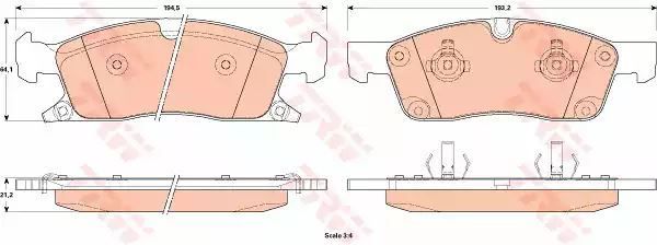 Klocki hamulcowe przód Jeep GRAND CHEROKEE 3,0-6,4 4X4 10- z czujnikiem 194,5x64,1x21,2 ATE TRW GDB4604
