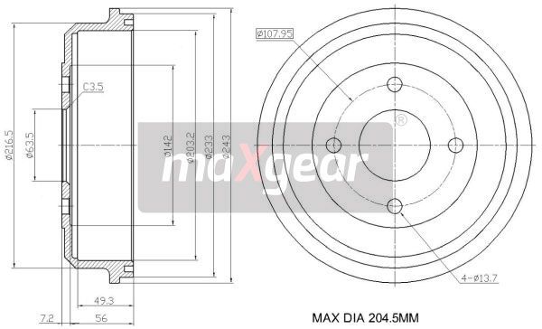 BĘBEN HAMULCOWY FORD MONDEO 93- 203x49 MaXgear 19-1036