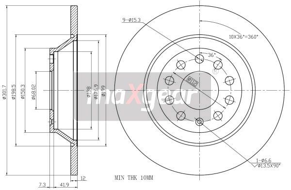 TARCZA HAMULCOWA TYŁ A6 2,0-4,2 04- 302X10 MaXgear 19-1228