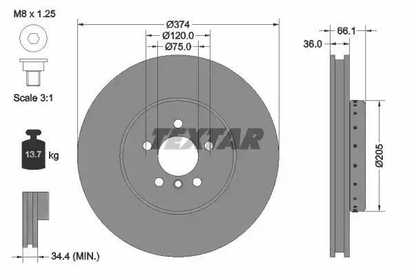 Tarcza hamulcowa przód BMW 5 6 7 10- PR 374x36 WYSOKO NAWĘGLANA TARCZA HAMULCOWA 2-CZ??CIOWA Textar 92266125