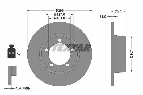 Tarcza hamulcowa przód Land Rover DEFENDER 90-12 DISCOVERY 89-98 RANGE -94 298X14MM PEŁNA Textar 92040600