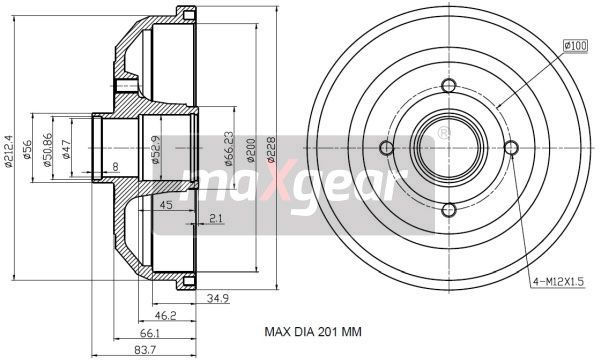 BĘBEN HAMULCOWY OPEL CORSA C 00- BEZ ABS 200X36 MaXgear 19-2180