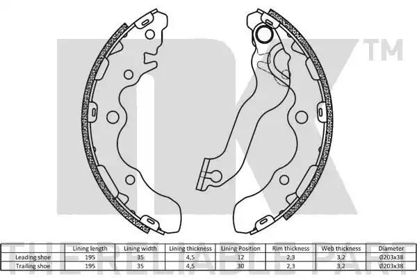 Szczęki hamulca ręcznego KIA CERATO 1,6 CRDI 05- 203x38 MM NK Autoparts 2735815