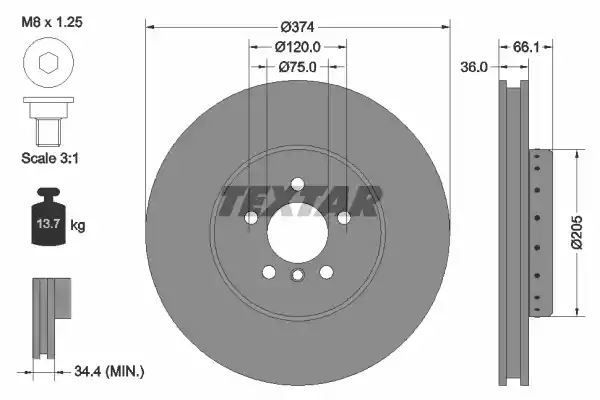 Tarcza hamulcowa przód BMW 5 6 7 10- LE 374x36 WYSOKO NAWĘGLANA TARCZA HAMULCOWA 2-CZ??CIOWA Textar 92266025