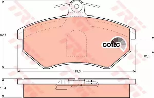 Klocki hamulcowe przód CADDY GOLF PASSAT 1,4-2,8 88-04 119,3x69,6x19,4 TRW TRW GDB1044