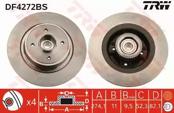 Tarcza hamulcowa tył Renault MEGANE SCENIC 1,4-2,0 97-03 274X11 4 OTWORY z łożyskiem ABS TRW DF4272BS