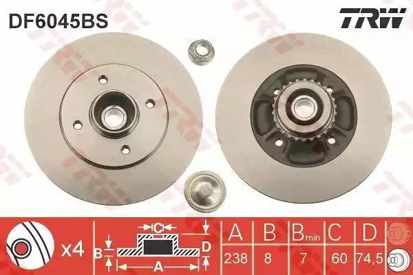 Tarcza hamulcowa tył Renault CLIO 1,2-2,0 16V 98- 238X8 z łożyskiem ABS TRW DF6045BS