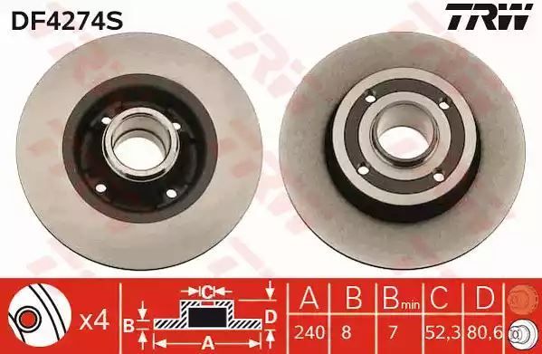 Tarcza hamulcowa tył Renault CLIO MEGANE MODUS 1,2-2,0 16V 02- 240X8 bez łożyska TRW DF4274S