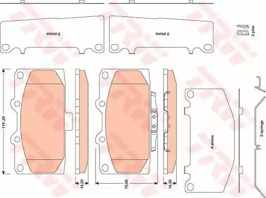 Klocki hamulcowe przód Subaru IMPREZA 2,0-2,5 TURBO AWD 00- 119,2x70x14,5 z czujnikiem TRW GDB3470