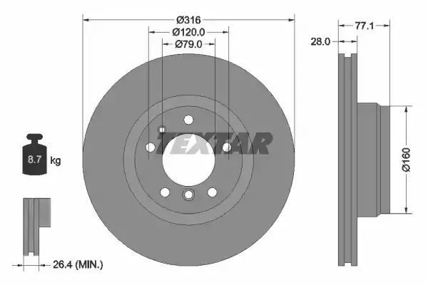 Tarcza hamulcowa przód BMW 7  E38  95-01 316X28 WYSOKO NAWĘGLANA Textar 92071405