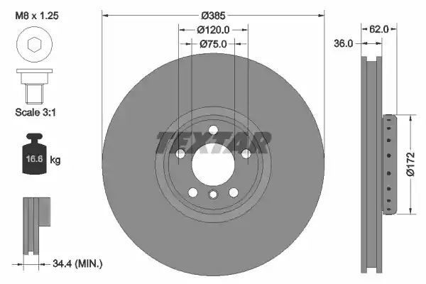 Tarcza hamulcowa przód BMW X5 X6 10- LE 385x36 WYSOKO NAWĘGLANA Textar 92266425