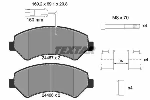 Klocki hamulcowe przód Fiat DUCATO 06- 2 CZUJNIKI 169,1x69,1x20,8 BREMBO Textar 2446705