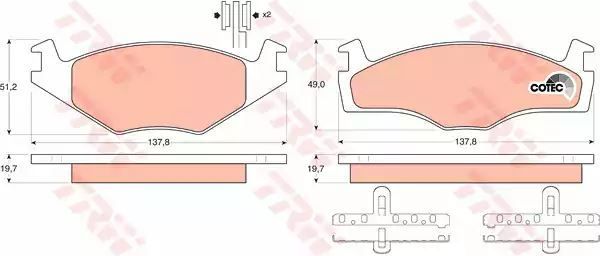 Klocki hamulcowe przód CADDY GOLF JETTA PASSAT 83-92 137,8x49x19,7 TRW GDB454