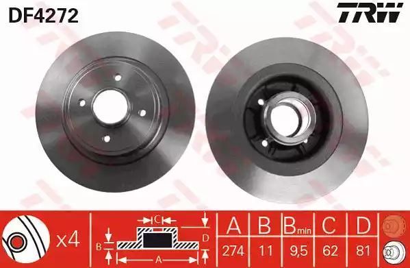 Tarcza hamulcowa tył Renault MEGANE SCENIC 1,4-2,0 97-03 274X11 4 OTWORY bez łożyska TRW DF4272