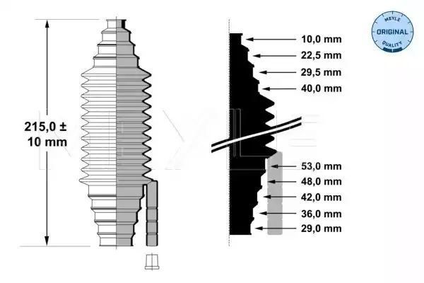 OSŁONA PRZEKŁADNI KIEROWNICZEJ UNIWERSALNA OD 10 DO 40MM DRUGA STRONA OD 29 DO 53MM DŁUGOŚĆ 215MM Z ODPOWIETRZNIKIEM MEYLE 99146200003